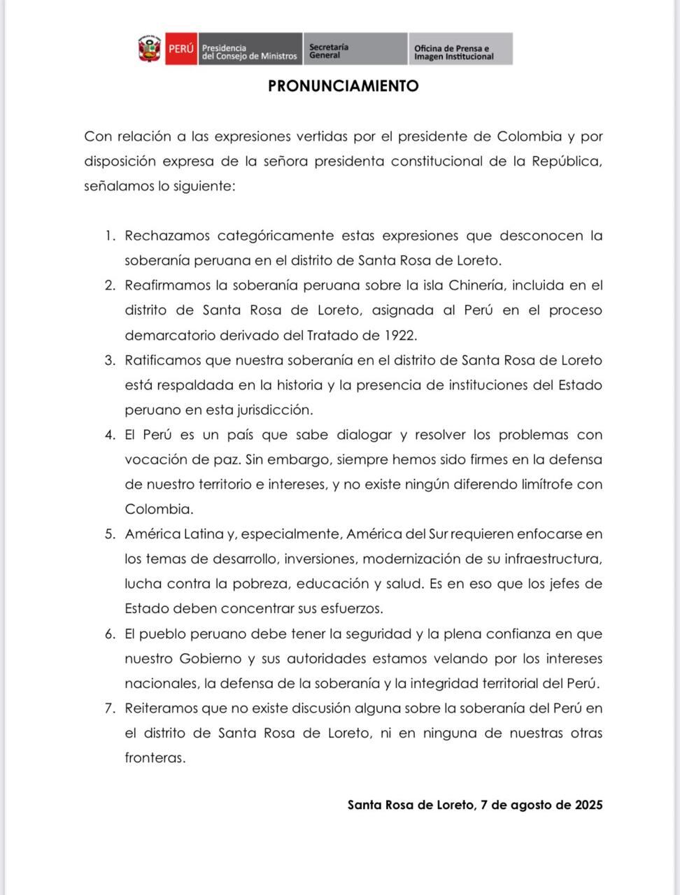 Declaración del gobierno de Perú sobre la soberanía de la isla Santa Rosa.