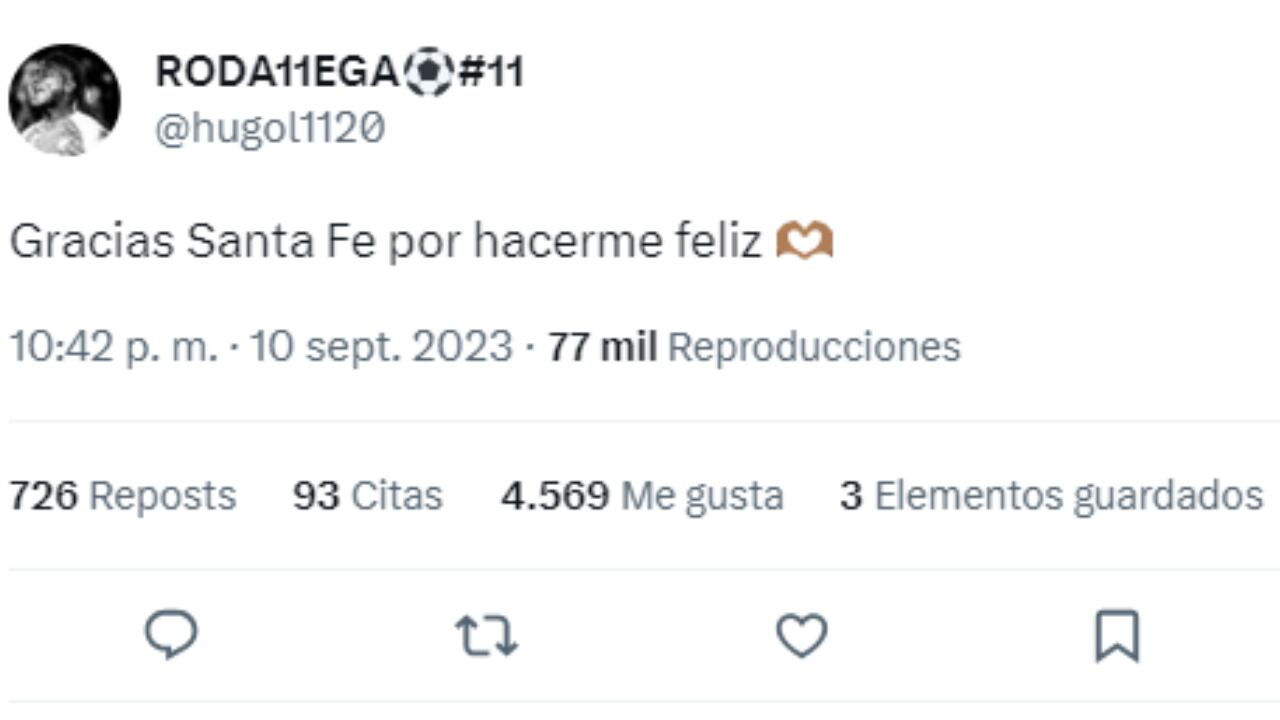 Hugo Rodallega y su mensaje agradeciendo a Santa Fe por la victoria.