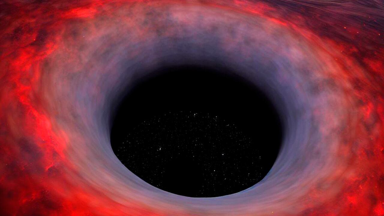 Ilustración creada por inteligencia artificial que representa un colosal agujero negro.