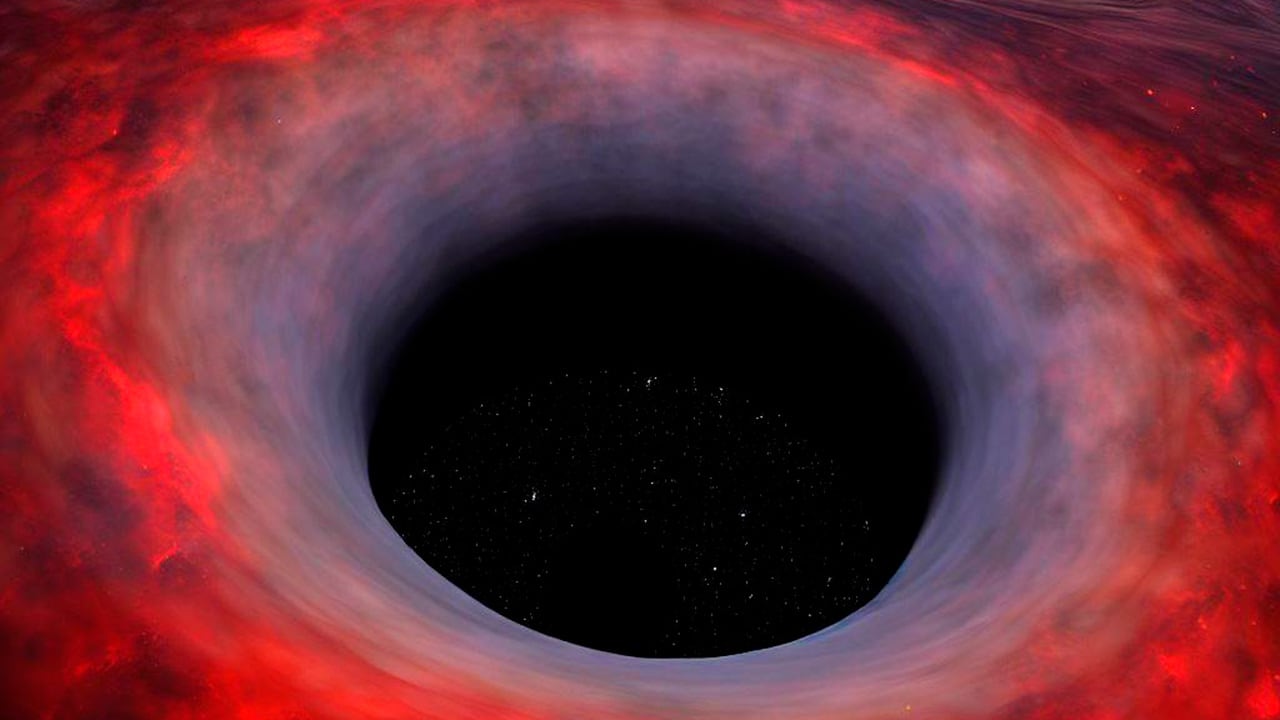 Ilustración creada por inteligencia artificial que representa un colosal agujero negro.