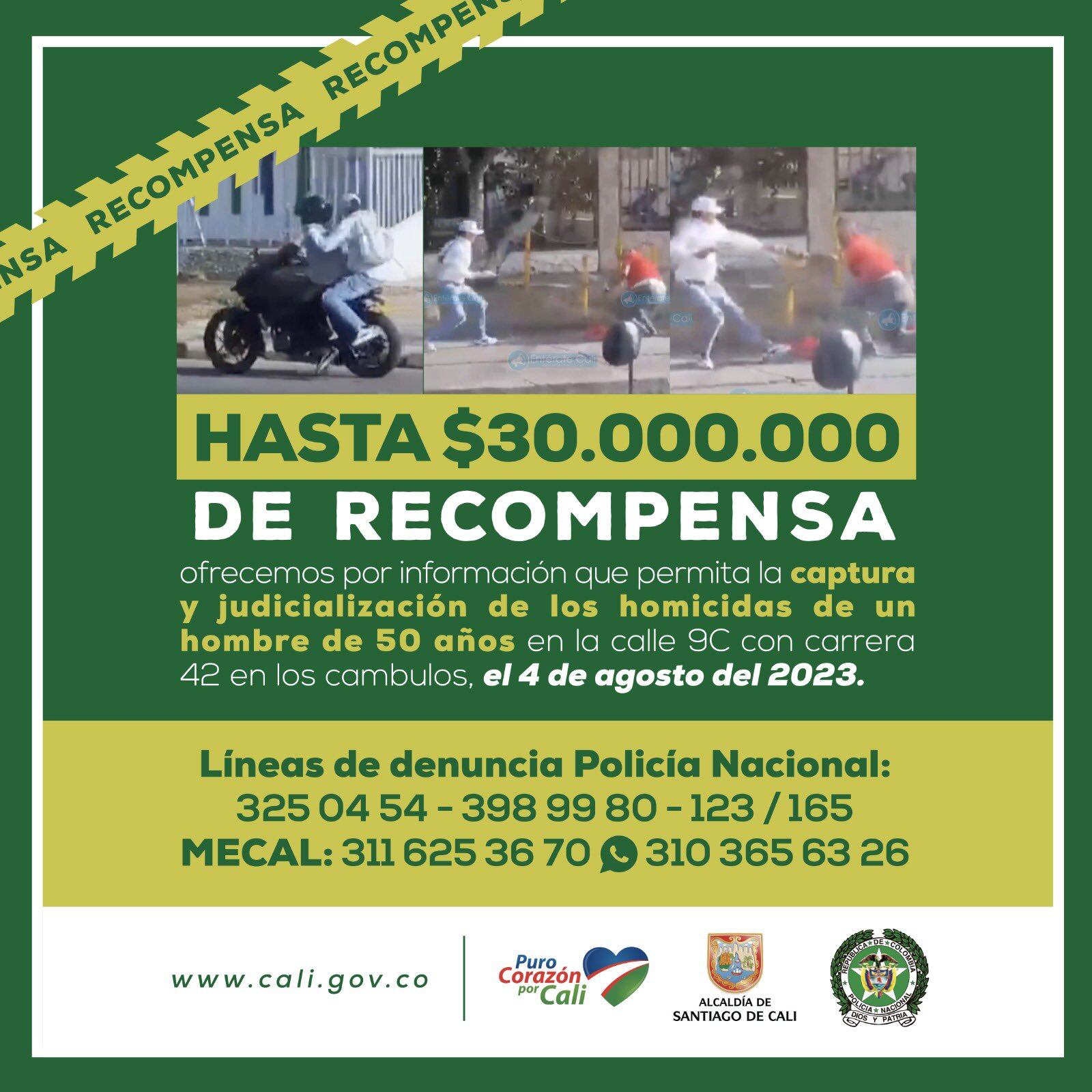 Ofrecen hasta $30 millones de recompensa por ladrones que asaltaron y asesinaron a un hombre en Cali.
