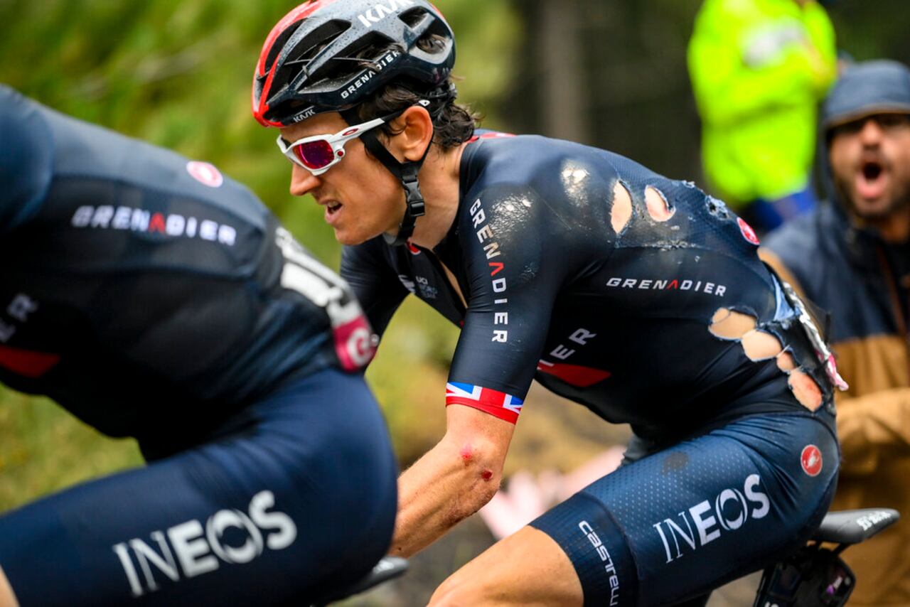 Britain's Geraint Thomas competes during third stage of the Giro d'Italia, tour of Italy cycling race from Enna to Etna, Sicily, Monday, Oct. 5, 2020. (Marco Alpozzi/LaPresse via AP)