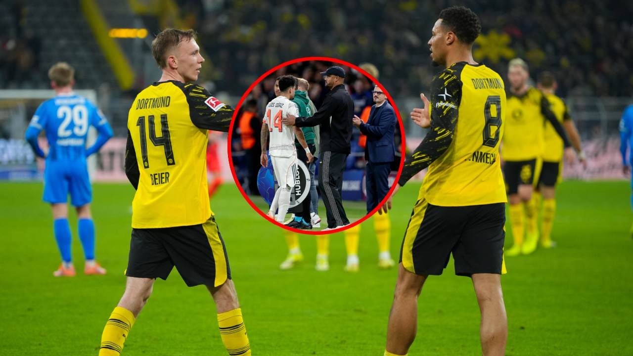 Jugadores del Borussia Dortmund celebran / Luis Díaz con Kompany.