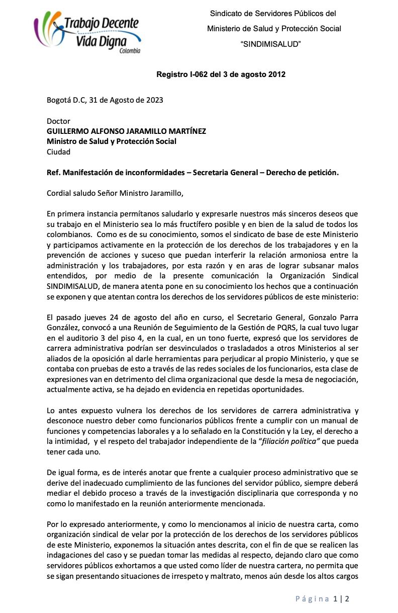 Carta del sindicato del Ministerio de Salud.