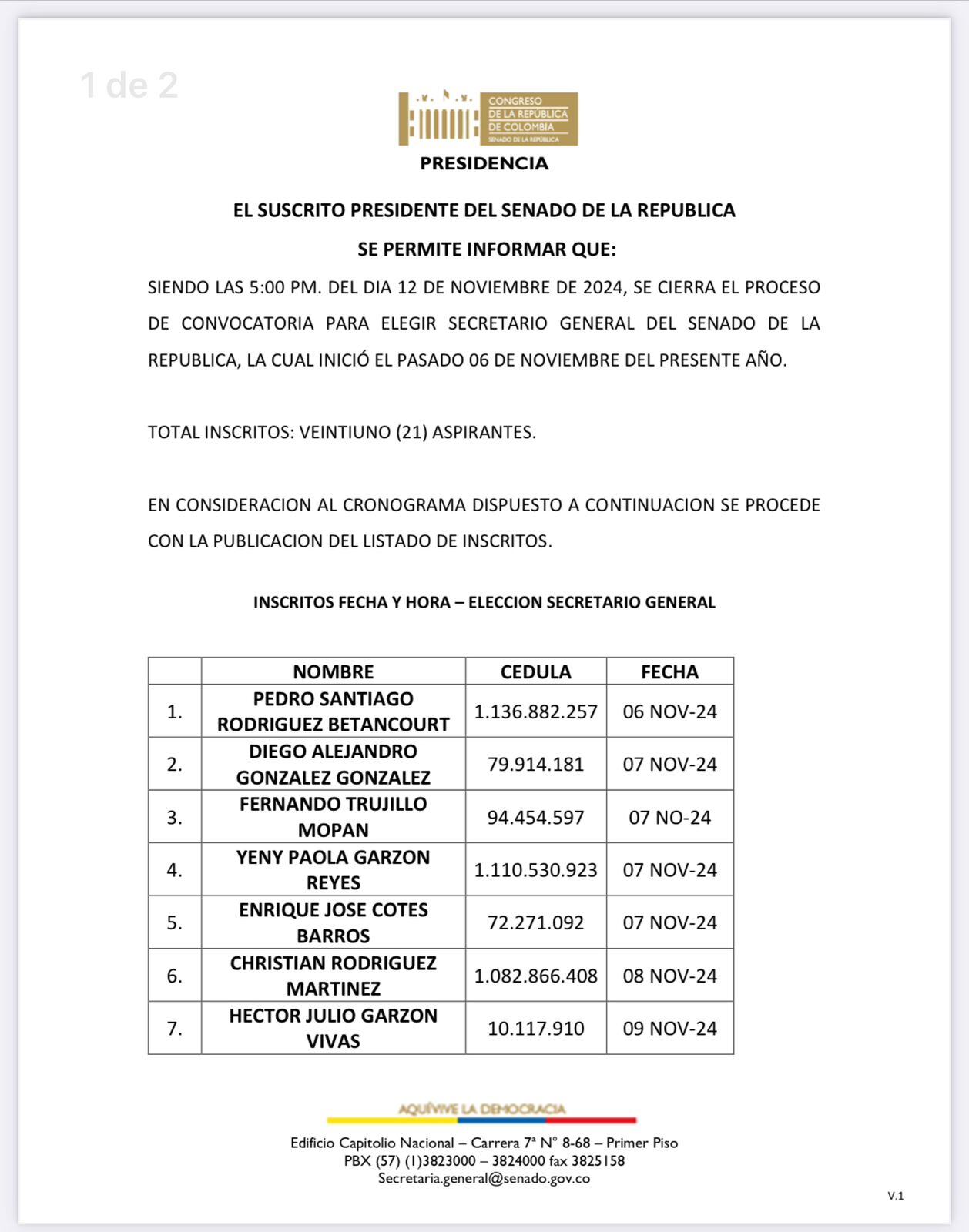 Inscritos para la Secretaría General.