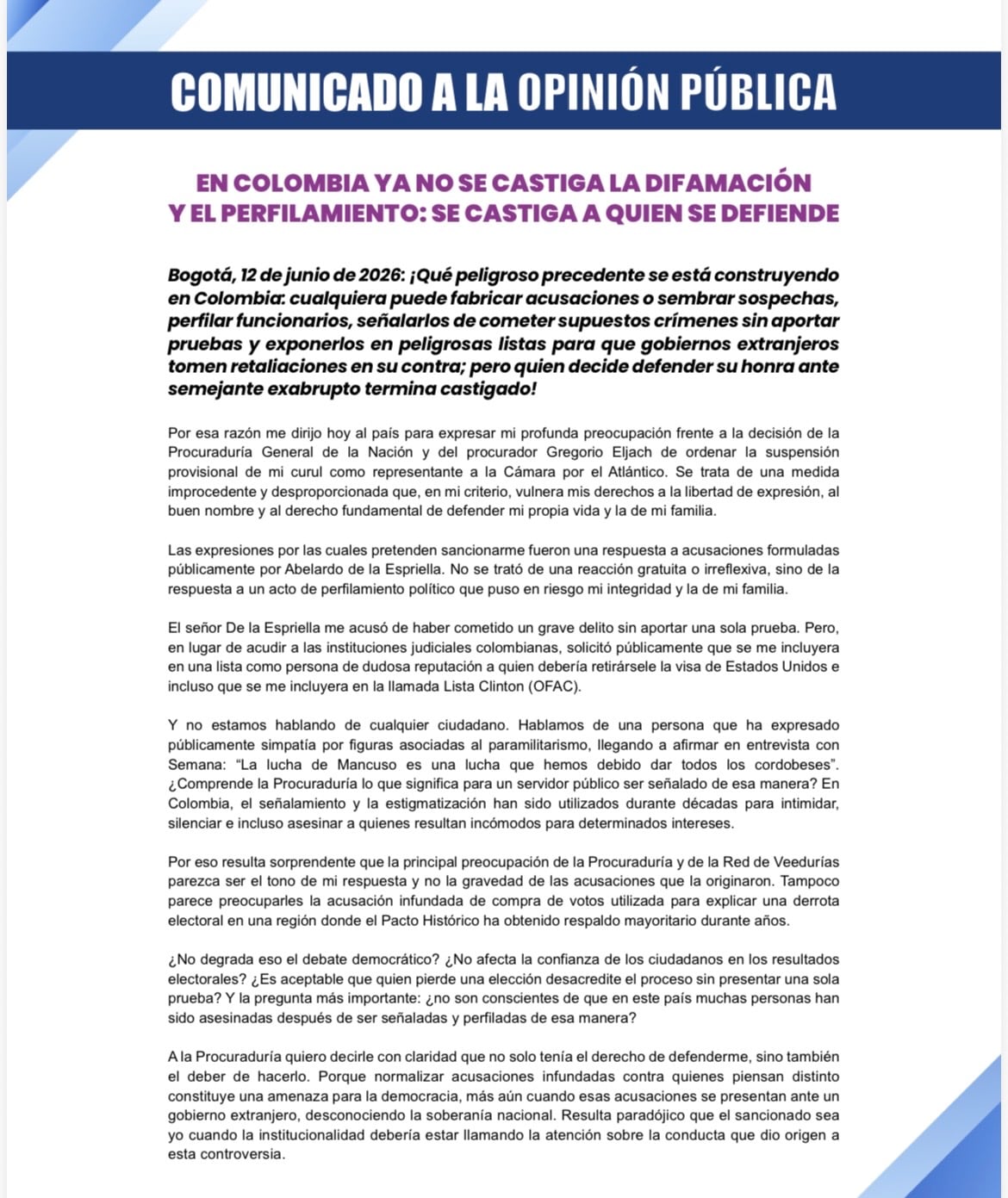 Comunicado de prensa de Agmeth Escaf