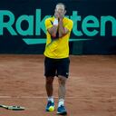Colombia's Juan Cabal reacts after losing a point during a Davis Cup qualification doubles match against Neal Skupski and Dan Evans, of Britain, in Cota, Colombia, Saturday, Feb. 4, 2023. (AP Photo/Fernando Vergara)