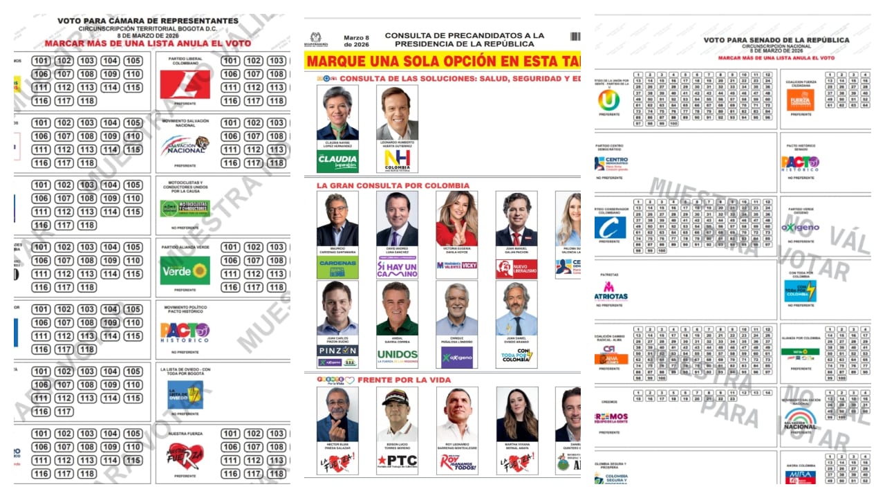 Los tarjetones que encontrarán los colombianos este 8 de marzo de 2026