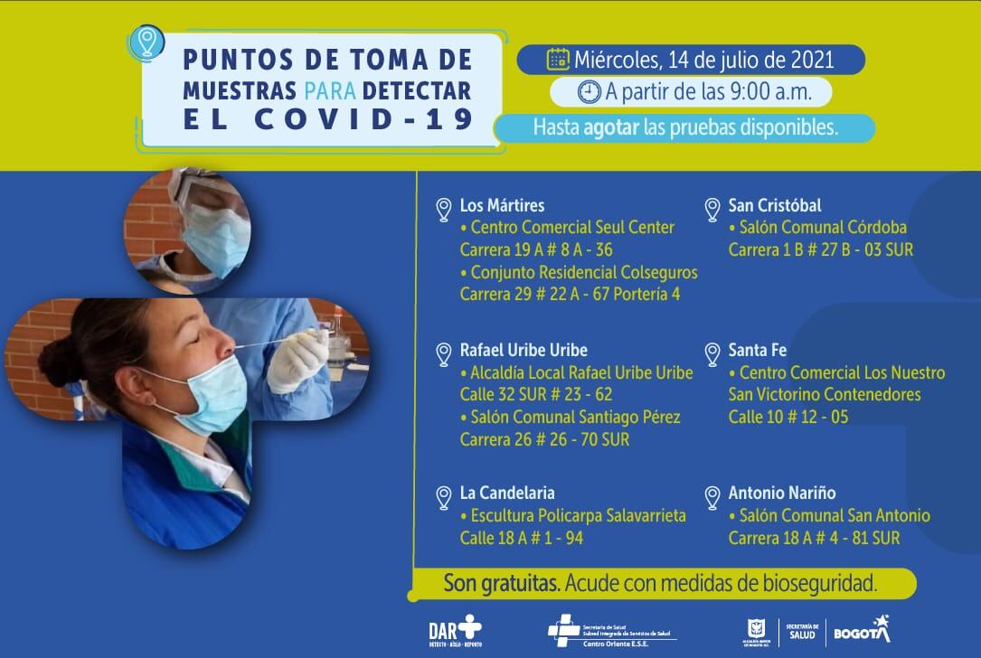 Pruebas gratis de COVID-19 en Bogotá hoy 14 de julio