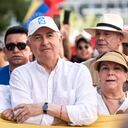 MADRID, SPAIN - JULY 21: The former deputy of the Venezuelan National Congress, Antonio Ledezma (c), during the demonstration for the mobilization of hope to the caravan of freedom in the upcoming elections in Venezuela, at the Plaza de España, on 21 July, 2024 in Madrid, Spain. Nicolas Maduro is one of the 10 presidential candidates who will participate in these elections next Sunday, July 28, although his main opponent is Edmundo Gonzalez Urrutia, who represents the majority opposition and leads the polls of voting intentions. The Venezuelan National Electoral Council (CNE) called on June 20 for the 10 presidential candidates to sign an agreement to accept the election results. (Photo By Diego Radames/Europa Press via Getty Images)