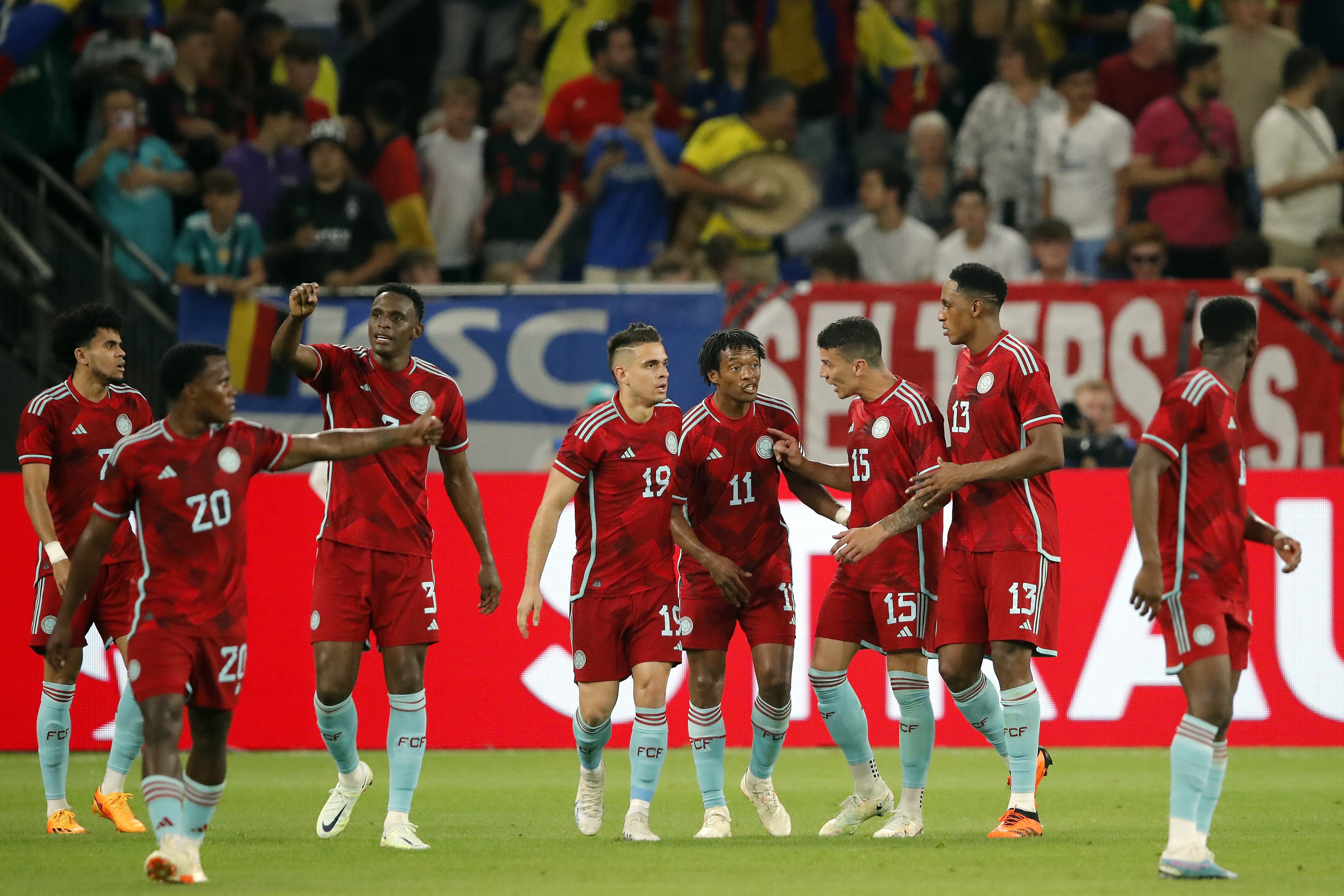 GELSENKIRCHEN - (LR) Luis Diaz of Colombia, Jhon Adolfo Arias of Colombia, Jhon Lucumi of Colombia, Rafael Borre of Colombia, Juan Cuadrado of Colombia, Mateus Uribe of Colombia, Yerry Mina of Colombia, celebrate the 0-1 during the international friendly game between Germany and Colombia at the Veltins-Arena on June 20, 2023 in Gelsenkirchen, Germany. AP | Dutch Height | BART STOUTJESDYK (Photo by ANP via Getty Images)