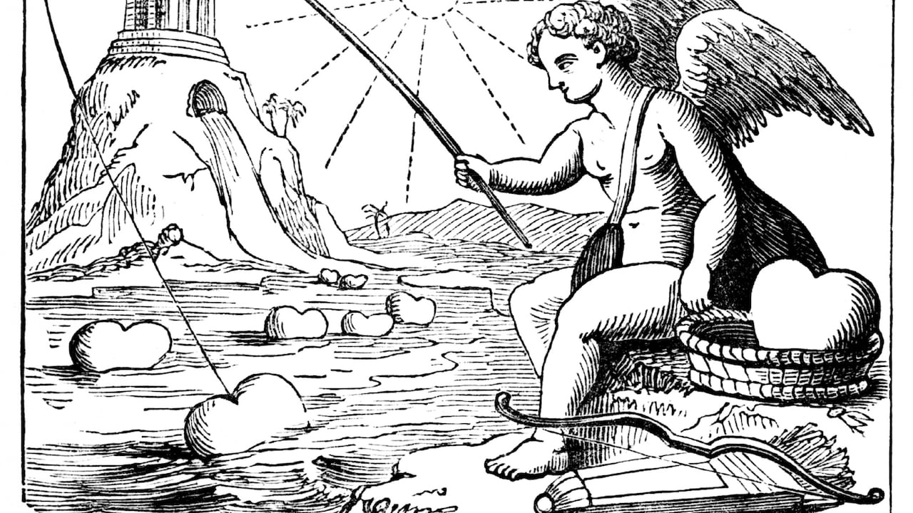 Cupido pesca corazones. Un corazón está en el fondo. Ilustración publicada en 1868