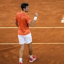 Serbia's Novak Djokovic celebrates his victory over Gael Monfils, of France, during their match at the Mutua Madrid Open tennis tournament in Madrid, Spain, Tuesday, May 3, 2022. (AP Photo/Manu Fernandez)