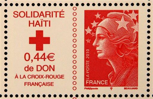 La oficina de correos de Francia lanzó esta estampilla para demostrar la solidaridad con las víctimas del terremoto. Cada estampilla costará 1 euro, de éste 0,44 será destinado a las víctimas.