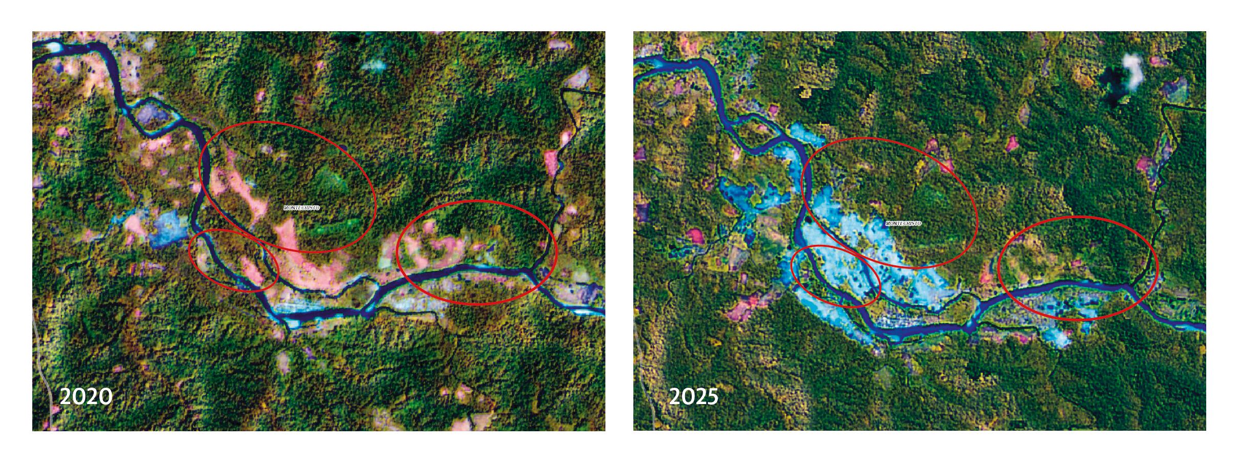 Deforestación causada por minería de oro de aluvión en el municipio de Montecristo, Bolívar, entre los años 2020 y 2025.