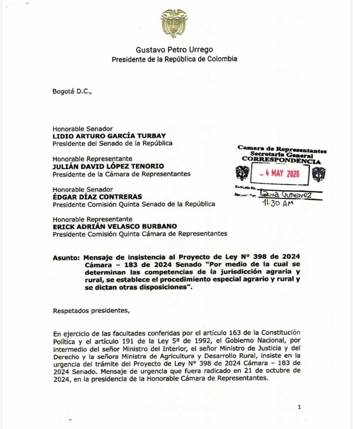 Documento mensaje de insistencia del Gobierno sobre la jurisdicción agraria.