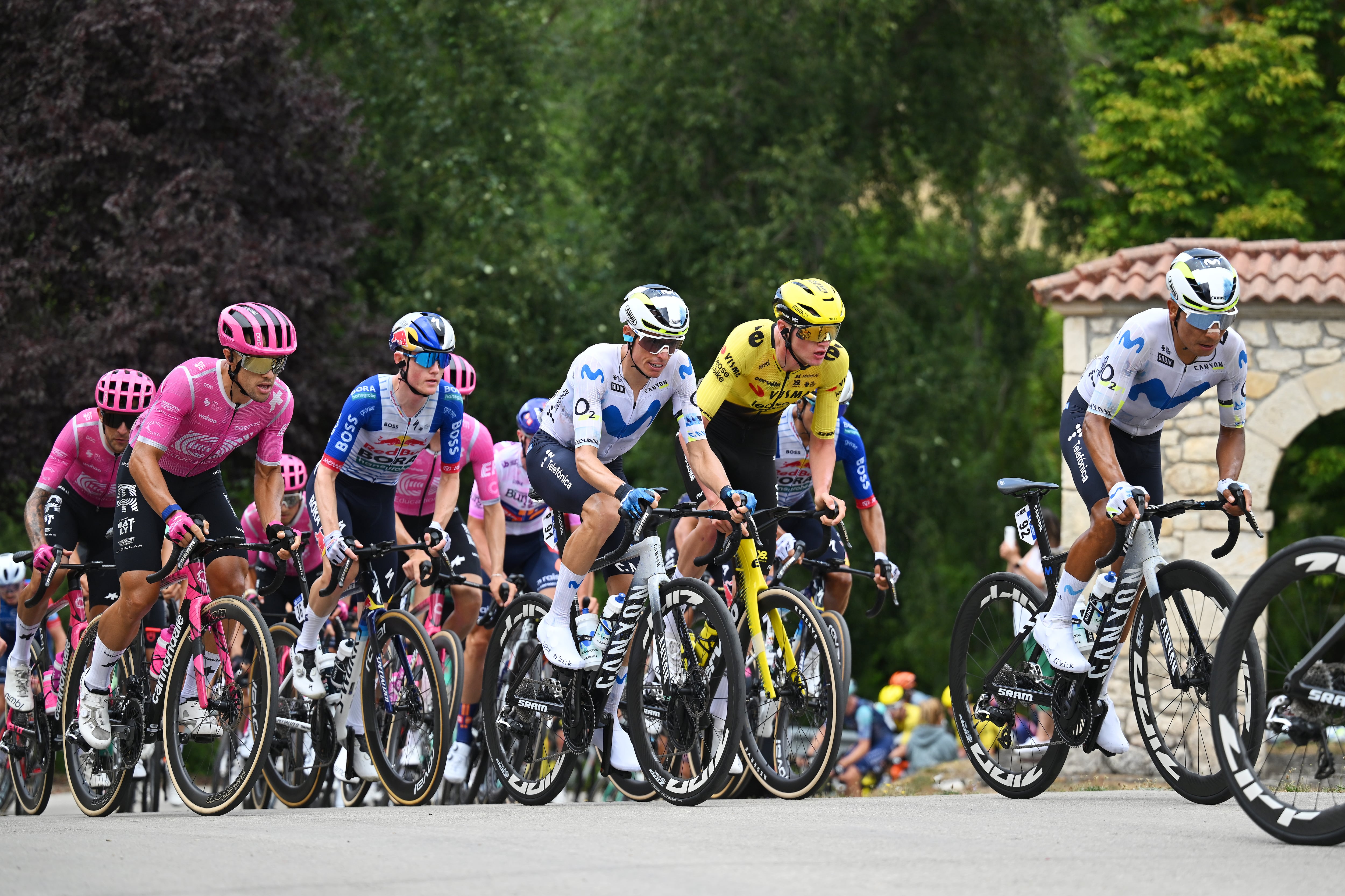 VALLE DE VALDEBEZANA, SPAIN - AUGUST 06: (L-R) Enric Mas of Spain and Nairo Quintana of Colombia and Team Movistar compete during the 48th Vuelta a Burgos 2026, Stage 3 a 184km stage from Excavaciones Mikel - Merindad de Montija to Balneario de Corconte - Valle de Valdebezana on August 06, 2026 in Valle de Valdebezana, Spain. (Photo by Antonio Baixauli/Getty Images)