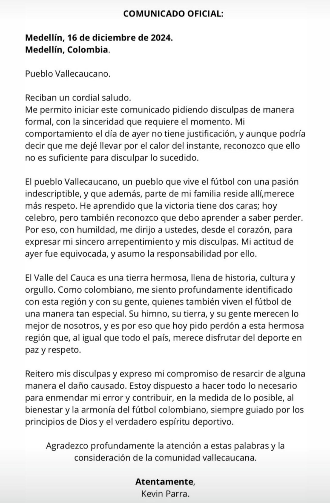Comunicado oficial de Kevin Parra.