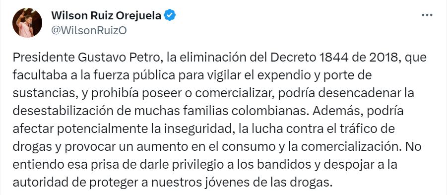El exministro Wilson Ruiz se pronunció sobre la derogación del decreto 1844 de 2018.
