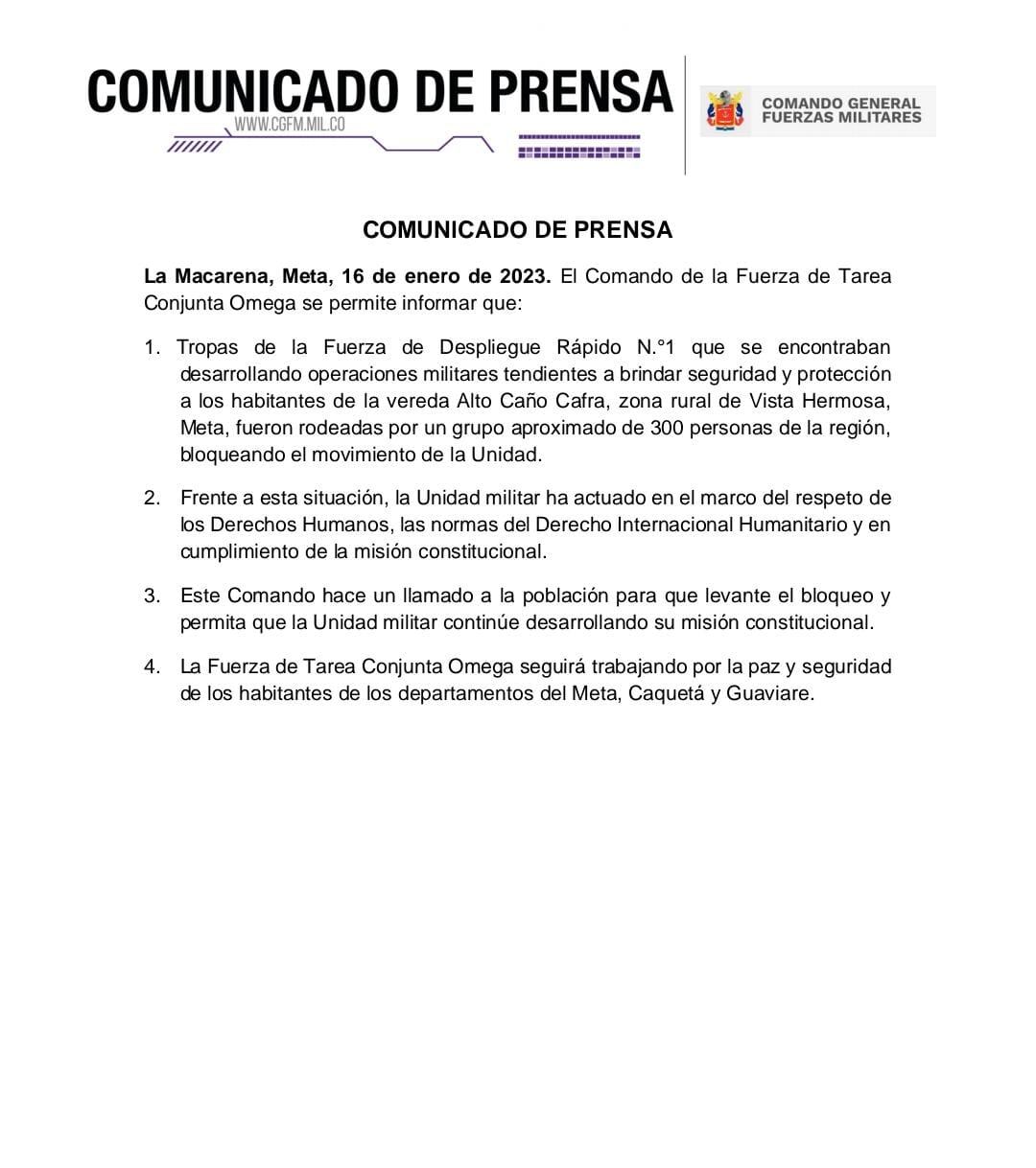 Fuerzas Militares reportaron la retención de un pelotón en Vista Hermosa, Meta.