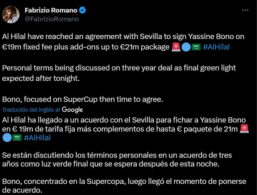 Fabrizio Romano entregó la información sobre Bono.