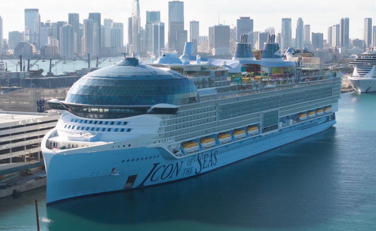 MIAMI, FLORIDA - FEBRUARY 03: In an aerial view, Royal Caribbean's Icon of the Seas, billed as the world's largest cruise ship, is moored at PortMiami after returning from its maiden voyage on February 03, 2024, in Miami, Florida. The 1,197-foot long ship cost $1.79 billion to build, has 20 decks, and can hold a maximum of 7,600 people. (Photo by Joe Raedle/Getty Images)