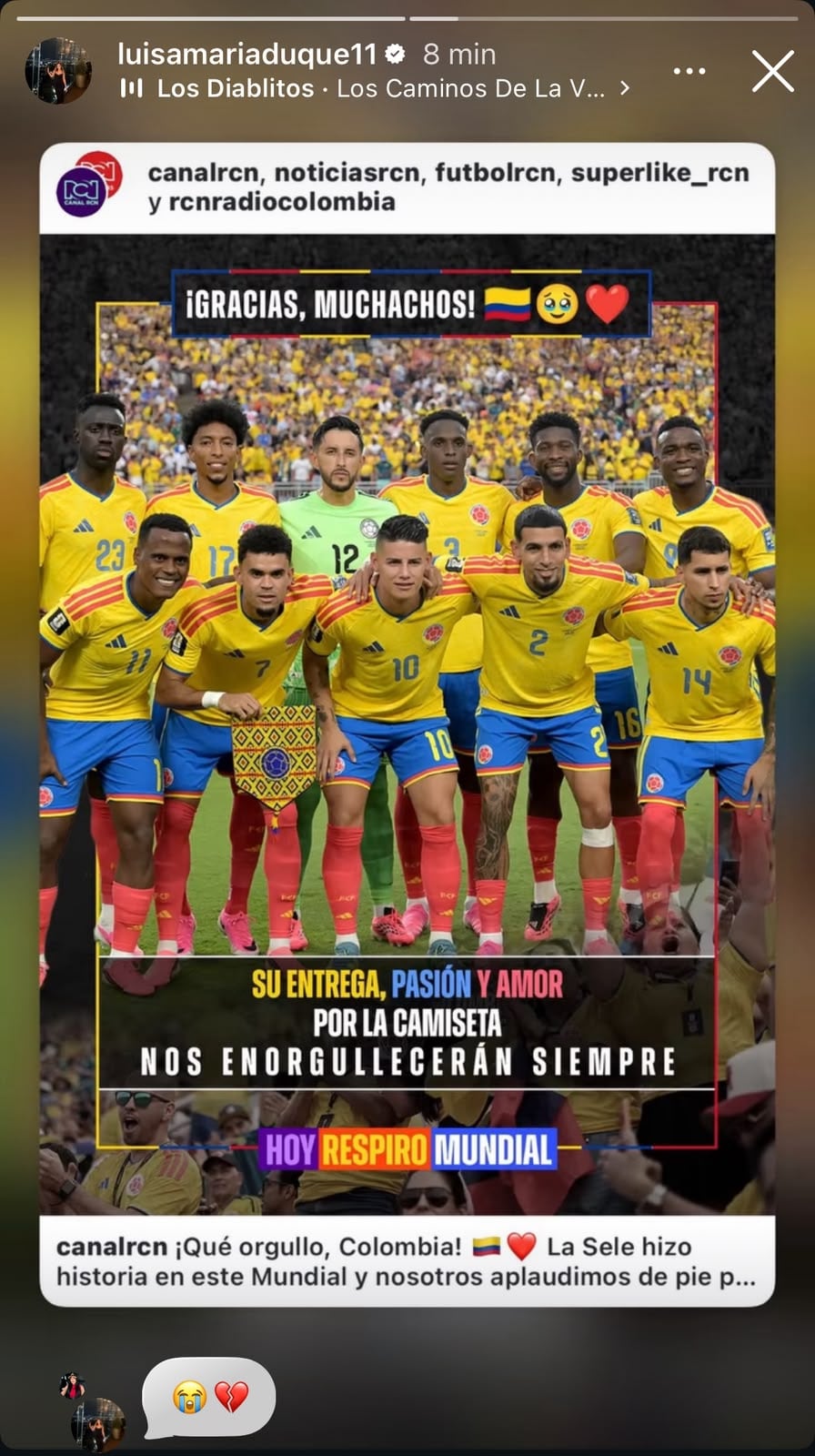 Novia de James Rodríguez reaccionó a derrota de Colombia