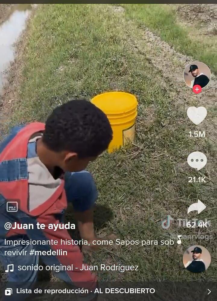 Niño que pesca sapos para comer en Medellín Foto: TikTok @juanrvlogs