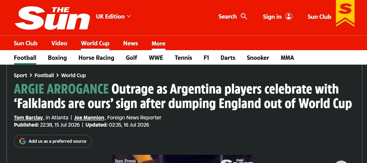 The Sun y el enojo por la pancarta "La Malvinas son argentinas", expuesta por jugadores de la albiceleste.