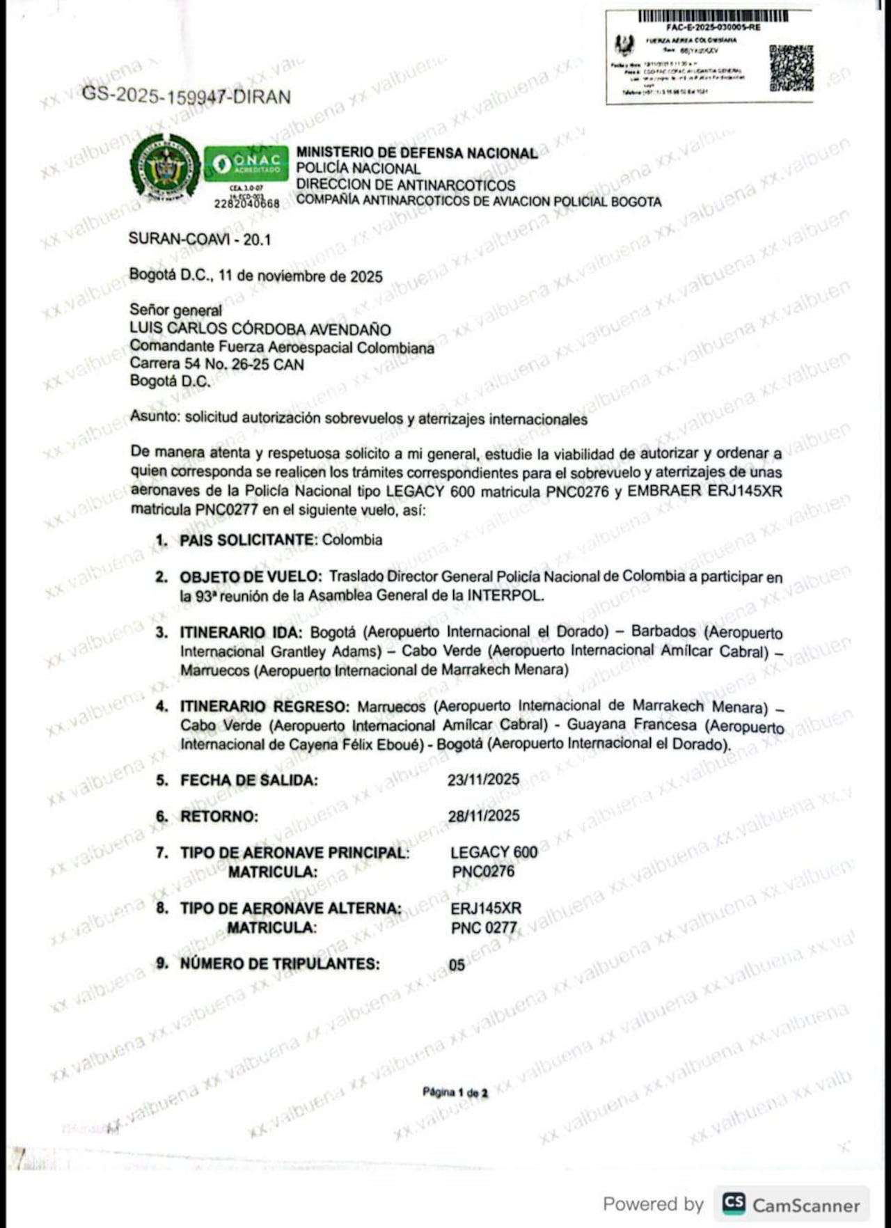 Policía reveló el plan de vuelo del avión Legacy asignado al Director de la Institución y su viaje a Marruecos.
