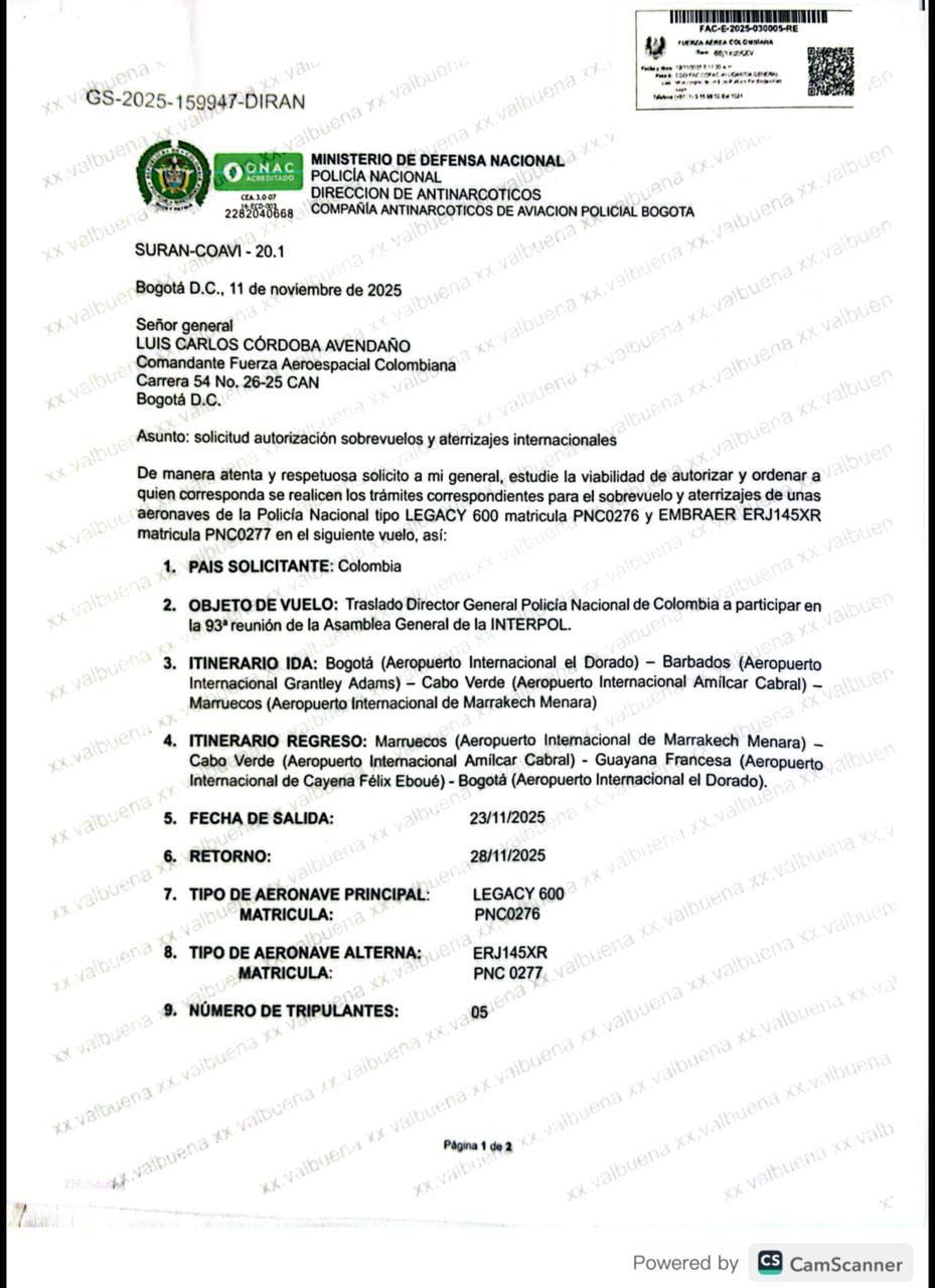 Policía reveló el plan de vuelo del avión Legacy asignado al Director de la Institución y su viaje a Marruecos.