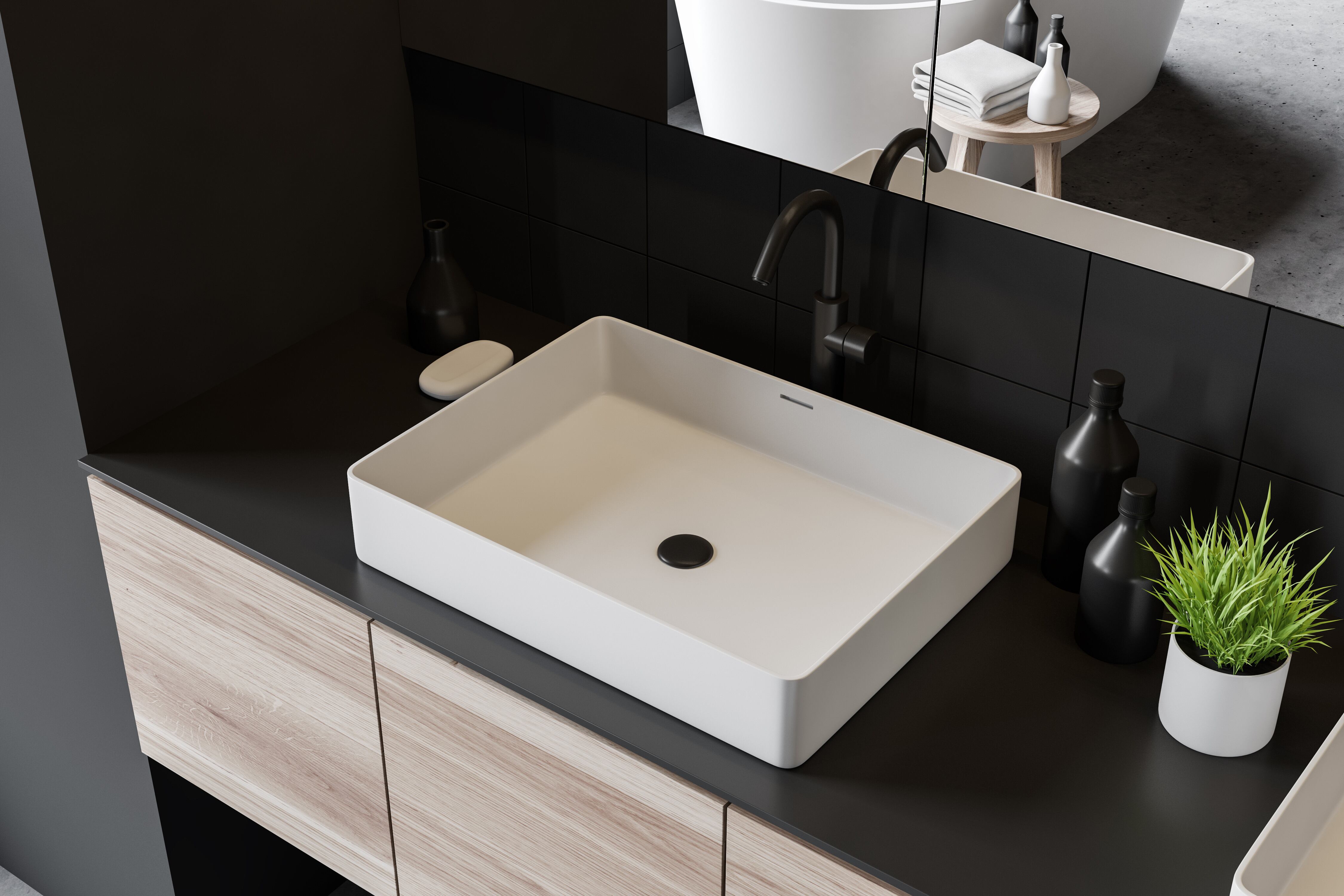 Vista superior del lavabo del baño sobre una encimera de madera en una habitación moderna con paredes de azulejos grises y grandes espejos. representación 3d