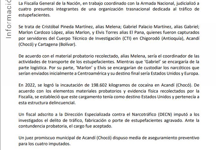 La Fiscalía reveló cómo delinquía una red de tráfico de cocaína.