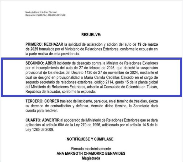 Tribunal Administrativo abrió incidente de desacato a la canciller Laura Sarabia.