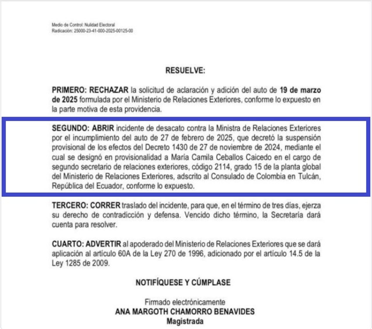Tribunal Administrativo abrió incidente de desacato a la canciller Laura Sarabia.