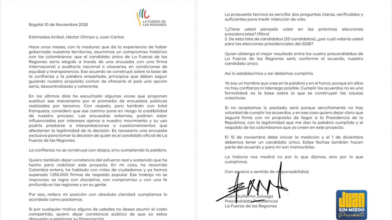 Carta que envió Juan Guillermo Zuluaga