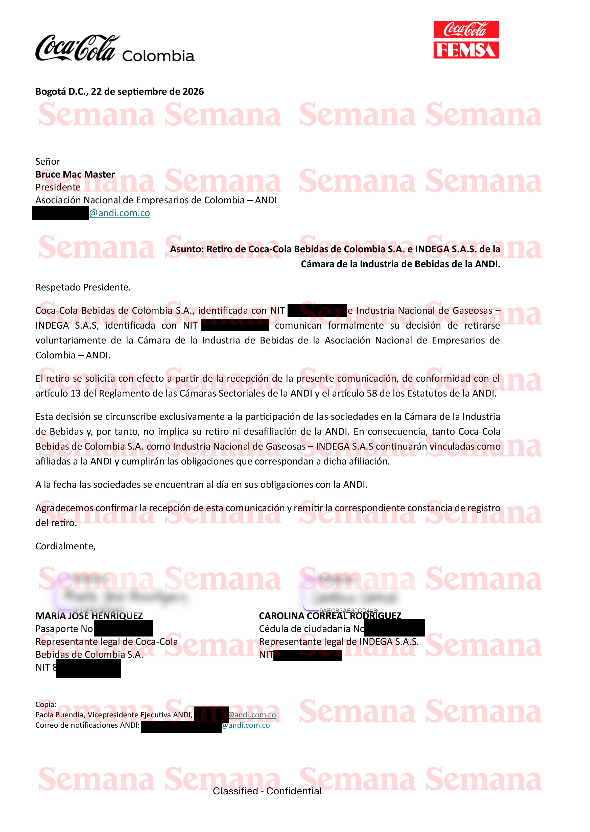 Retiro de Coca-Cola Bebidas de Colombia S.A. e INDEGA S.A.S. de la
Cámara de la Industria de Bebidas de la ANDI.