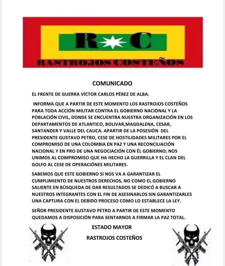 Este es el documento presuntamente emitido por el grupo delincuencial para negociar con Gustavo Petro.