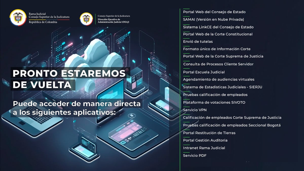 Imagen de los servicios tecnológicos afectados de la Rama Judicial por cuenta de ciberataque a nivel nacional.