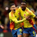Colombia's forward #09 Jhon Cordoba (R) celebrates with Colombia's midfielder #10 James Rodriguez scoring his team's first goal during the international friendly football match between Romania and Colombia at the Metropolitano stadium in Madrid on March 26, 2024. (Photo by OSCAR DEL POZO / AFP)