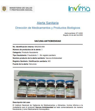 Vacuna antiobesidad que se vende como medicamento homeopático.