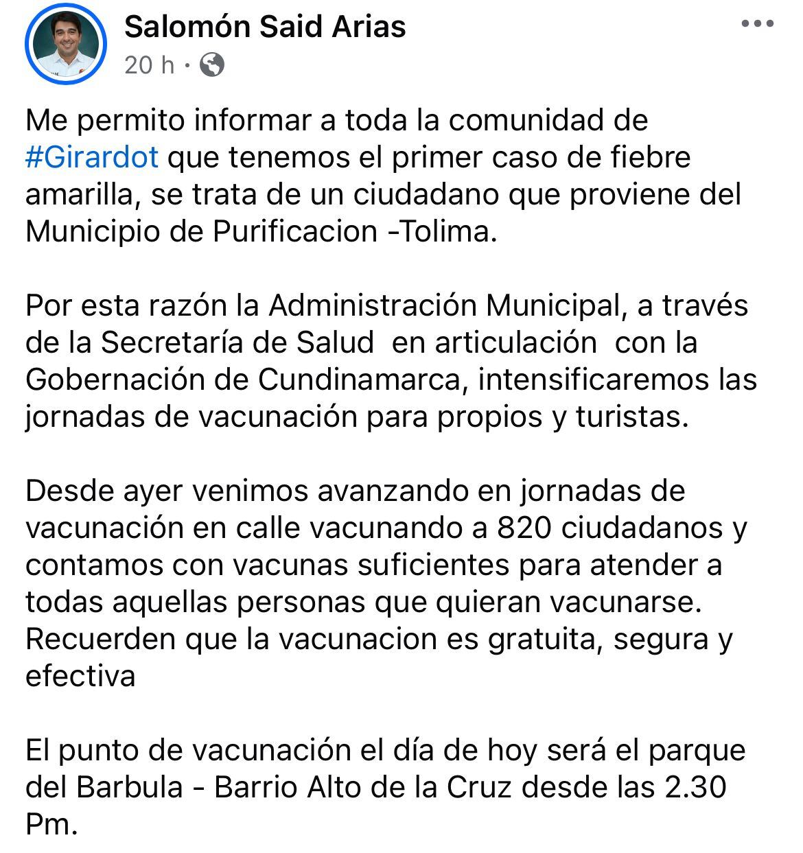 Alcalde confirmó el primer contagio en Girardot.