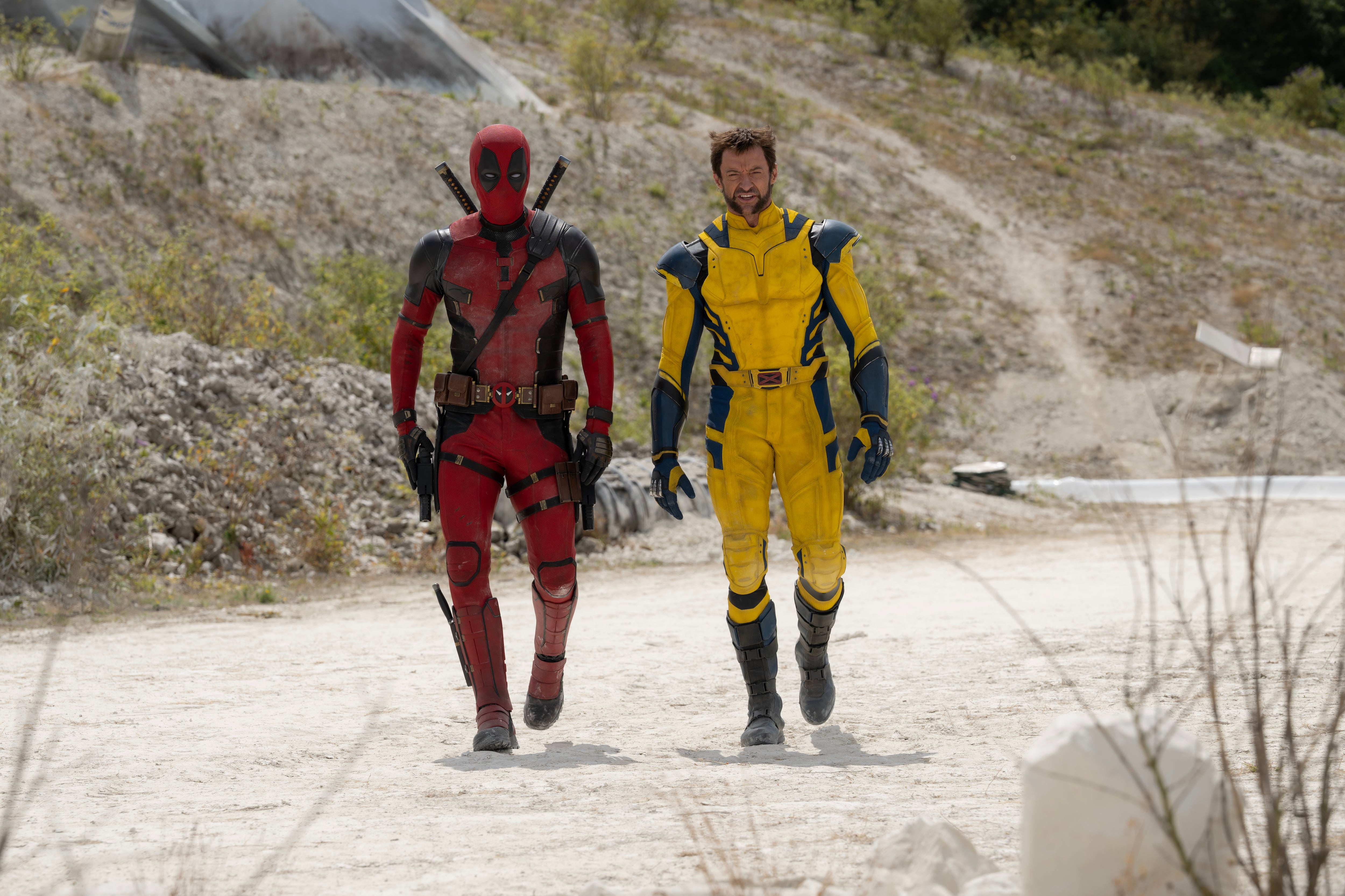 (L-R): Ryan Reynolds as Deadpool/Wade Wilson and Hugh Jackman as Wolverine/Logan 20th Century Studios/Marvel Studios' DEADPOOL & WOLVERINE. Photo by