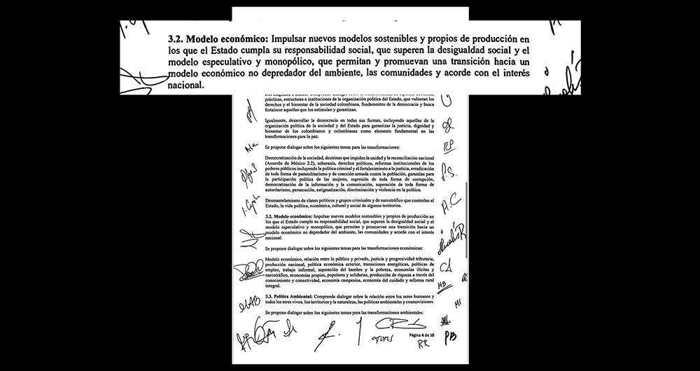    El 24 de mayo de 2024 se firmó entre las partes este documento en Caracas (Venezuela) y allí quedó plasmada la posibilidad de revisar el modelo económico colombiano. En junio de 2023, Gustavo Petro y Antonio García se encontraron en Cuba. 