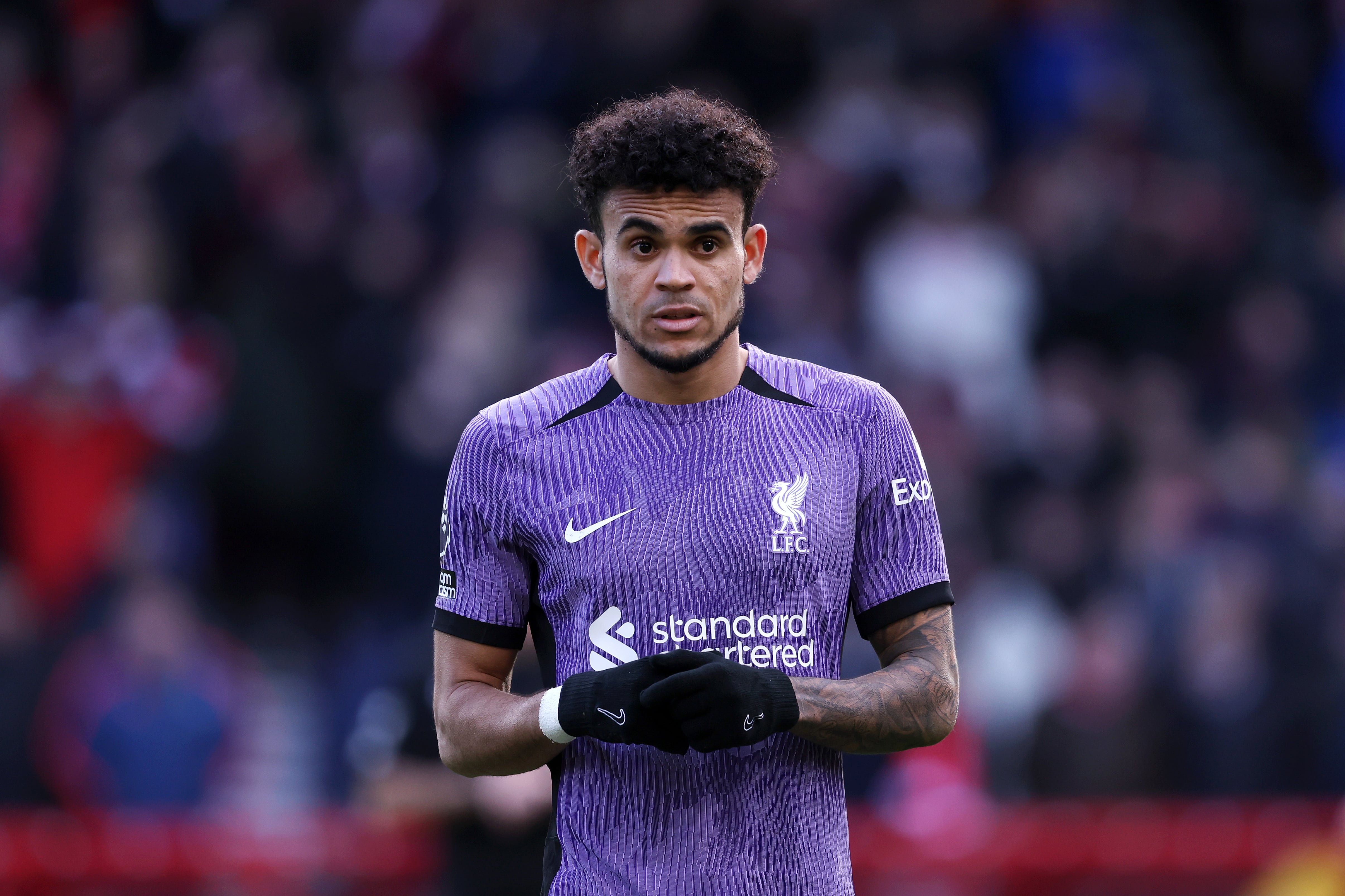 NOTTINGHAM, ENGLAND - MARCH 2: Luis Diaz of Liverpool in action during the Premier League match between Nottingham Forest and Liverpool FC at City Ground on March 2, 2024 in Nottingham, England. (Photo by Neal Simpson/Sportsphoto/Allstar via Getty Images)