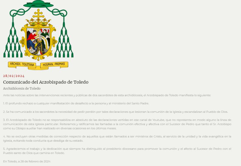Este fue el comunicado de la Arzobispado de Toledo