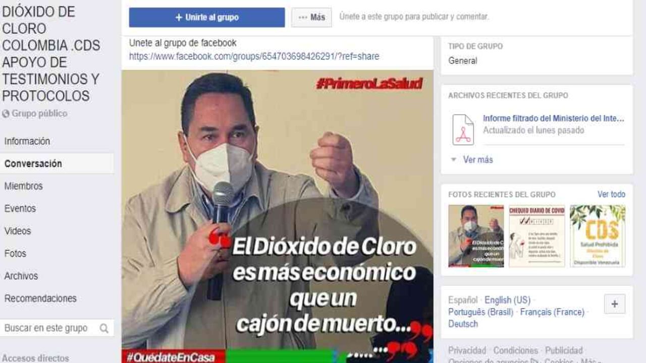 En grupos de Facebook se ofrece el dióxido de cloro para curar la covid-19