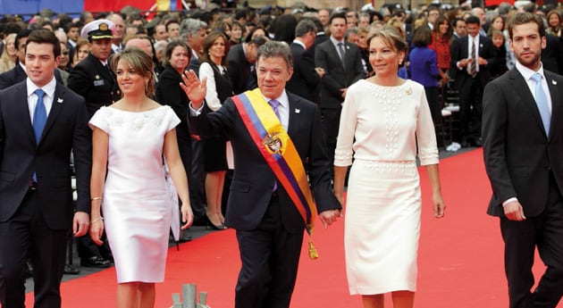 Esteban Santos, María Antonia Santos, Juan Manuel Santos Calderón y María Clemencia de Santos durante la ceremonia de posesión del segundo mandato de Juan Manuel Santos.