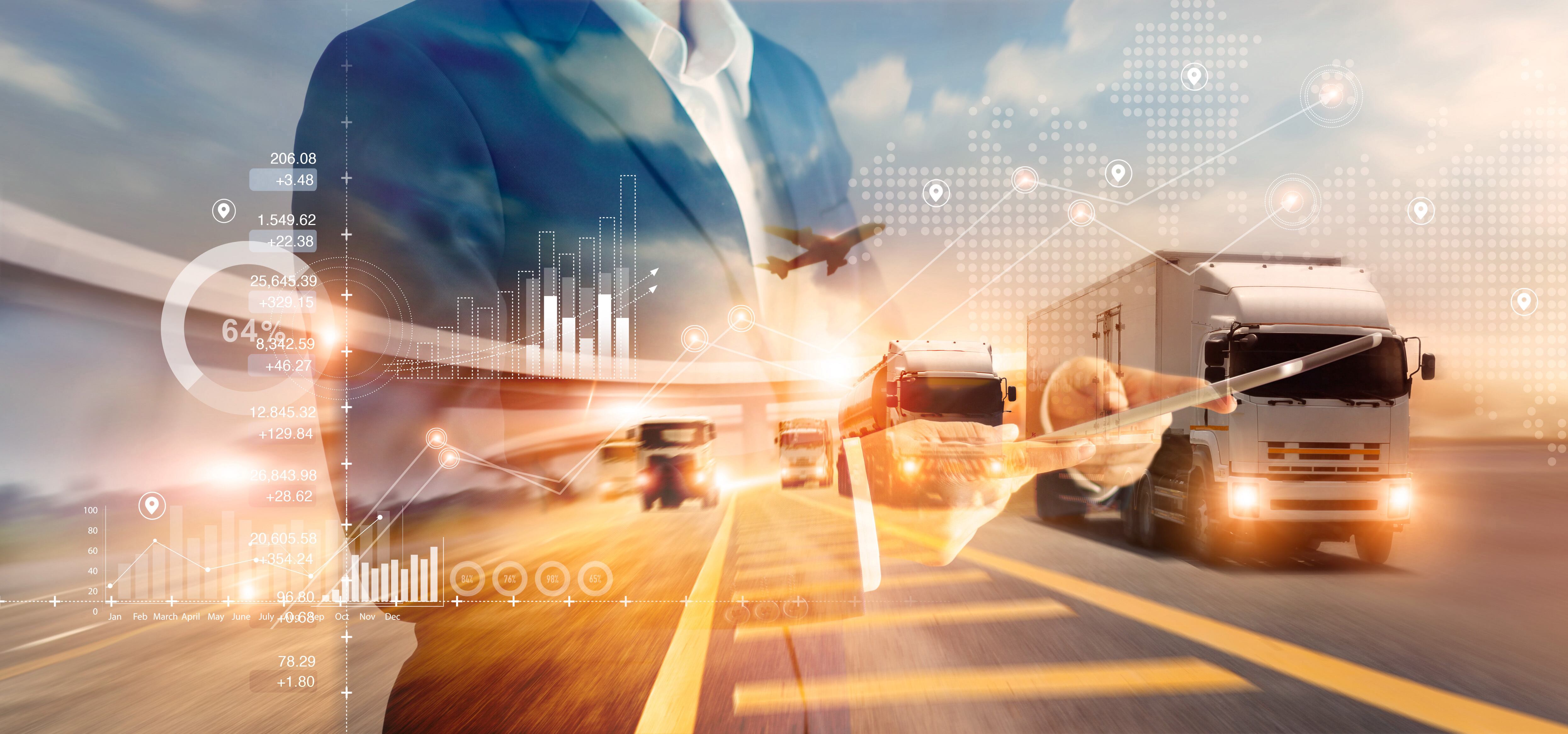 Doble exposición de empresario y crecimiento gráfico de negocio con mapa mundial de red de transporte y distribución logística y camiones de carga industrial para embarque. importación y exportación.