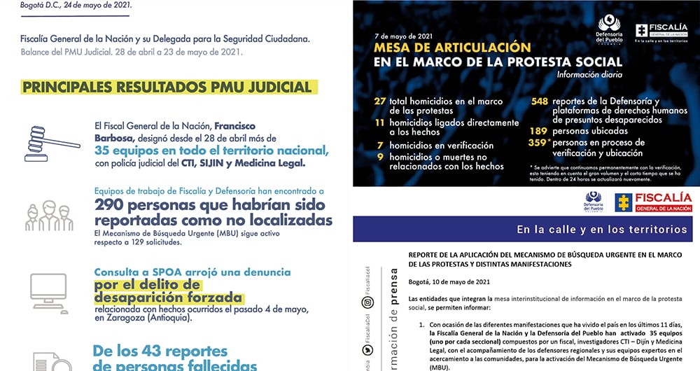   Comunicados, reportes y balances que compartieron la Fiscalía y la Defensoría con los resultados del Mecanismo de Búsqueda Urgente.